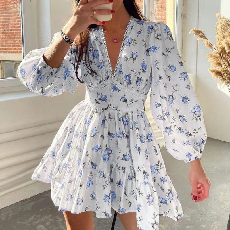 Elegant Party Beach Sweet Dress Women Long Sleeve Chiffon Floral Dress For Females Chic Sweet Deep V Neck Lace Short Dress