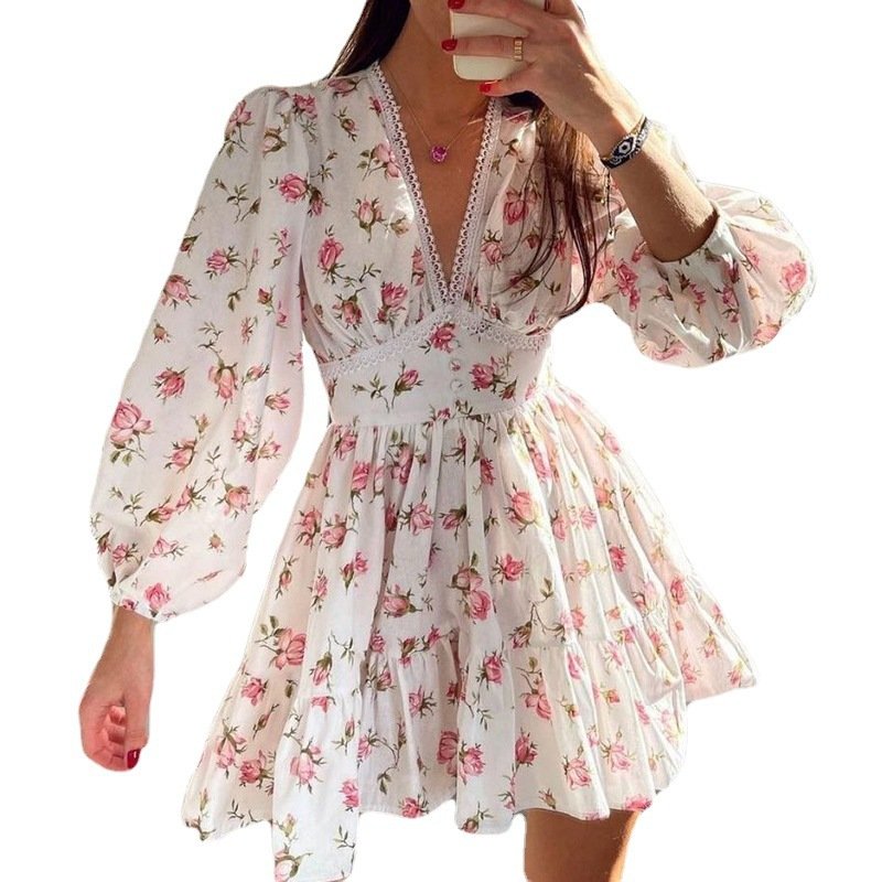 Elegant Party Beach Sweet Dress Women Long Sleeve Chiffon Floral Dress For Females Chic Sweet Deep V Neck Lace Short Dress