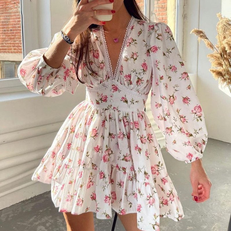 Elegant Party Beach Sweet Dress Women Long Sleeve Chiffon Floral Dress For Females Chic Sweet Deep V Neck Lace Short Dress