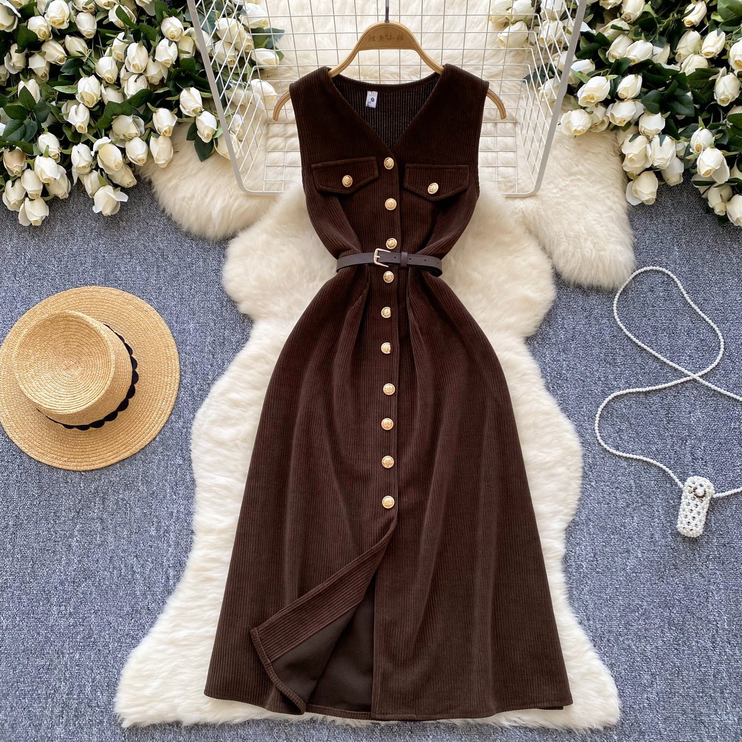 Autumn/winter Sleeveless Brown Casual Dress