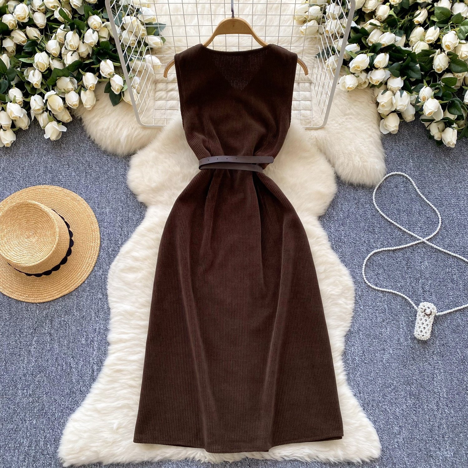 Autumn/winter Sleeveless Brown Casual Dress