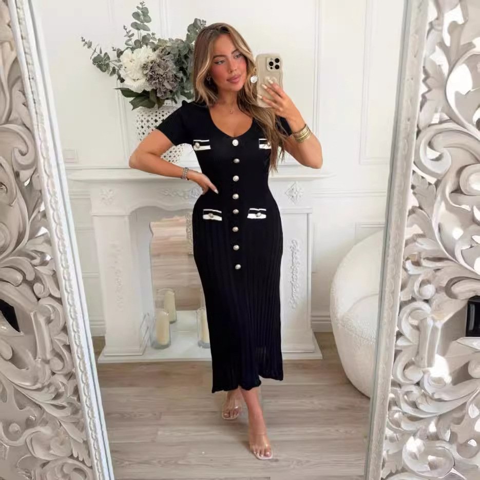 female lady elegant Summer sofe Knitted Short Sleeve V Neck ankle length Midi Dresses For women casual woman outfits sexy