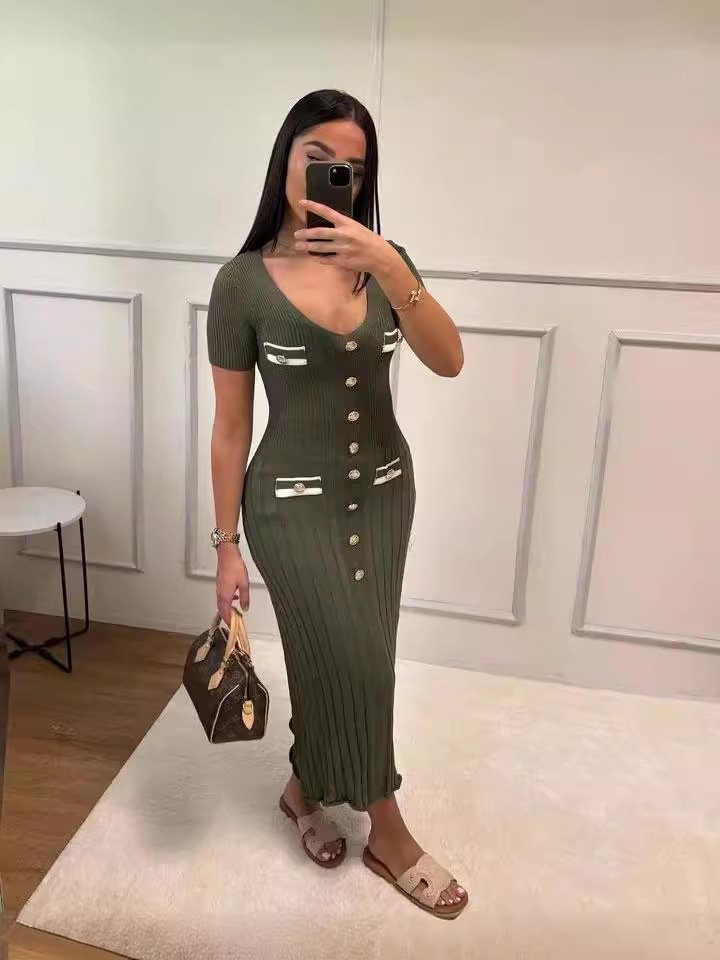 female lady elegant Summer sofe Knitted Short Sleeve V Neck ankle length Midi Dresses For women casual woman outfits sexy