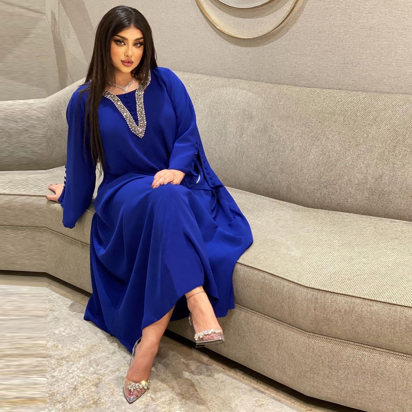 RHG Women Fashion Muslim Flare Sleeve Loose Robe Dress Abaya Jalabiya Dress Kaftan Moroccan Eid Arab Kimono Islamic Clothing