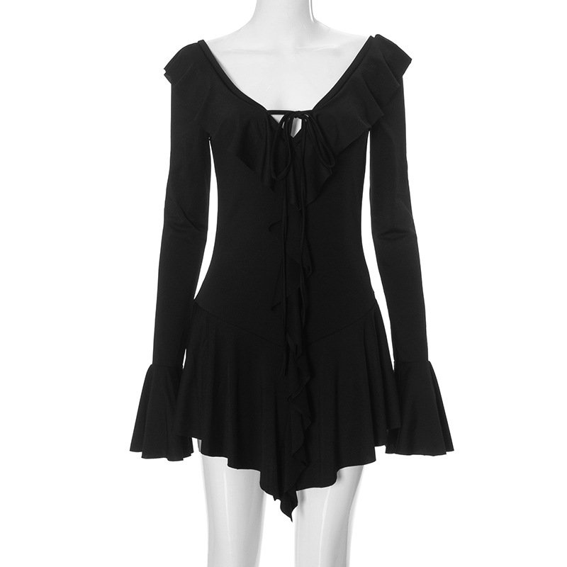 WZ9632 sexy v neck long flare sleeve women's ruffle dresses fashion elegant casual dress fall 2024 women's clothing