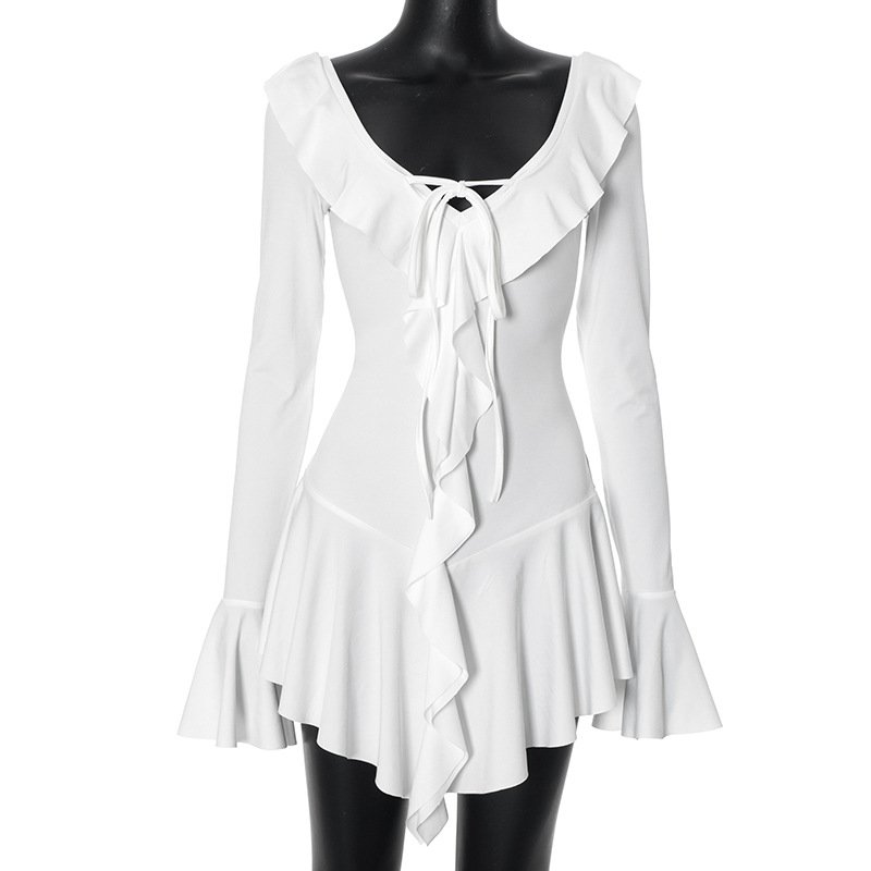 WZ9632 sexy v neck long flare sleeve women's ruffle dresses fashion elegant casual dress fall 2024 women's clothing