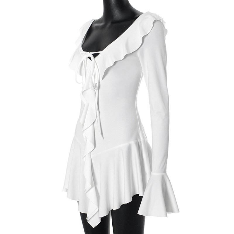 WZ9632 sexy v neck long flare sleeve women's ruffle dresses fashion elegant casual dress fall 2024 women's clothing
