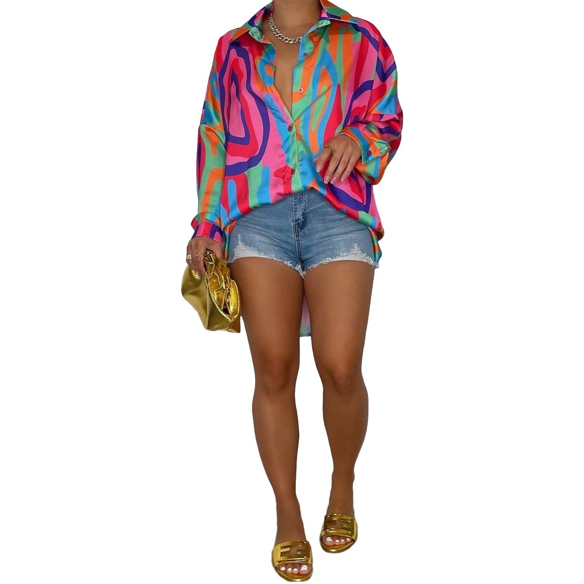 Wholesale summer long sleeve loose dress fashion colorful casual shirt dresses women