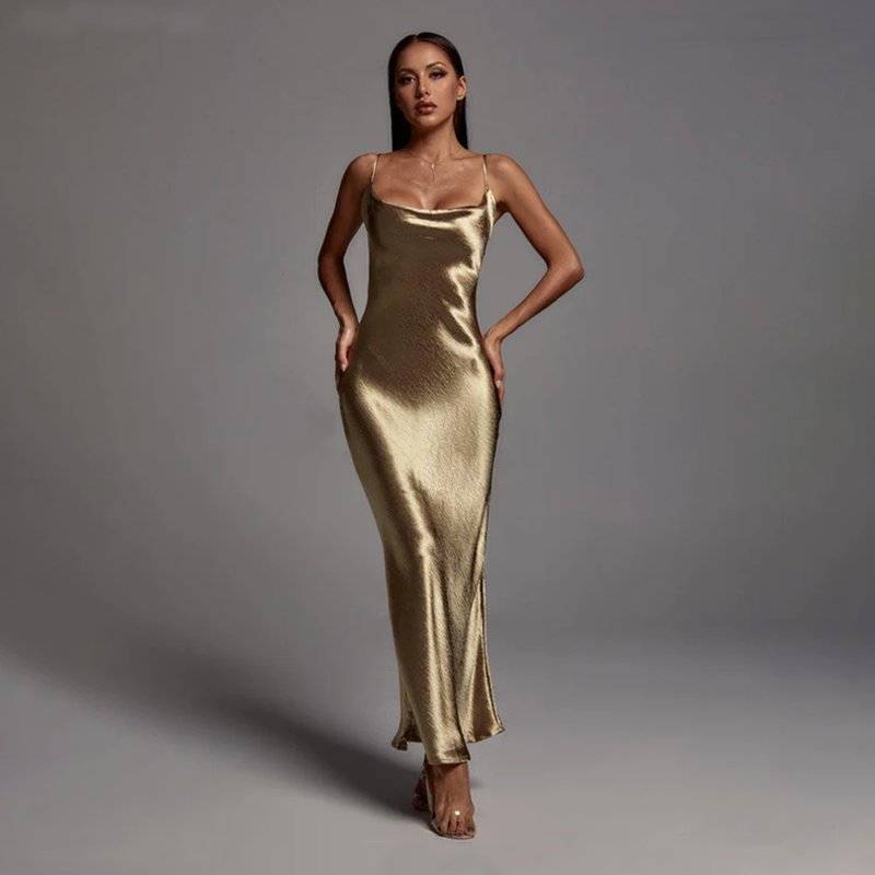 Sexy Women Lady Spaghetti Strap Homecoming Metallic Gold Long Party Casual Evening Backless Maxi Dresses 2023