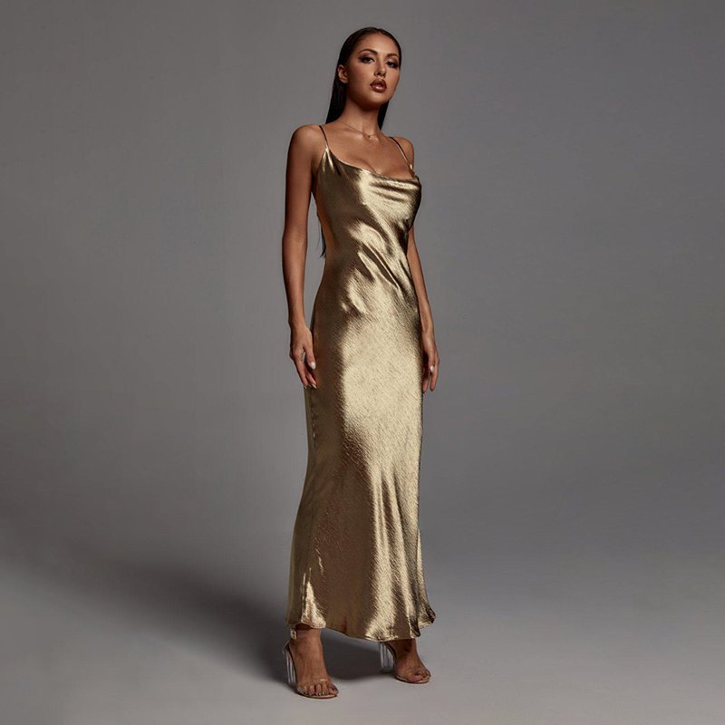 Sexy Women Lady Spaghetti Strap Homecoming Metallic Gold Long Party Casual Evening Backless Maxi Dresses 2023