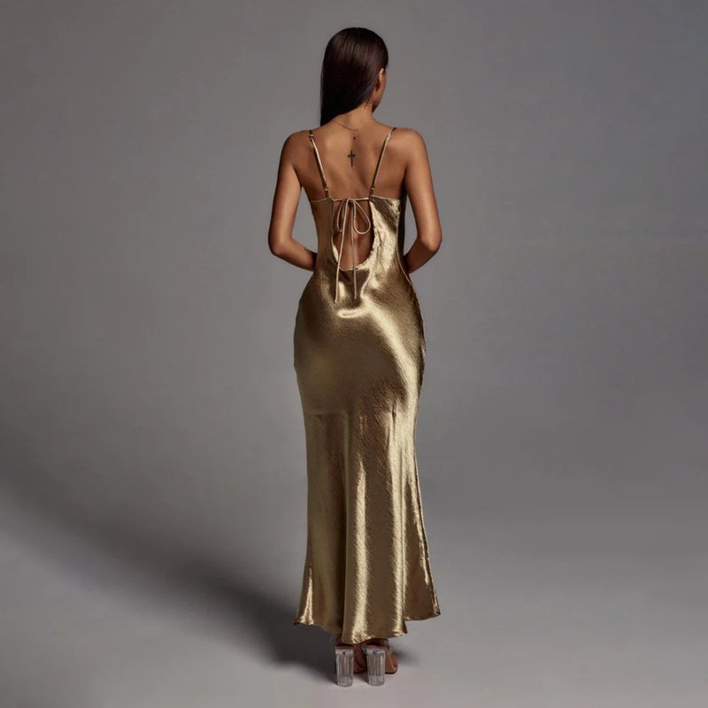 Sexy Women Lady Spaghetti Strap Homecoming Metallic Gold Long Party Casual Evening Backless Maxi Dresses 2023