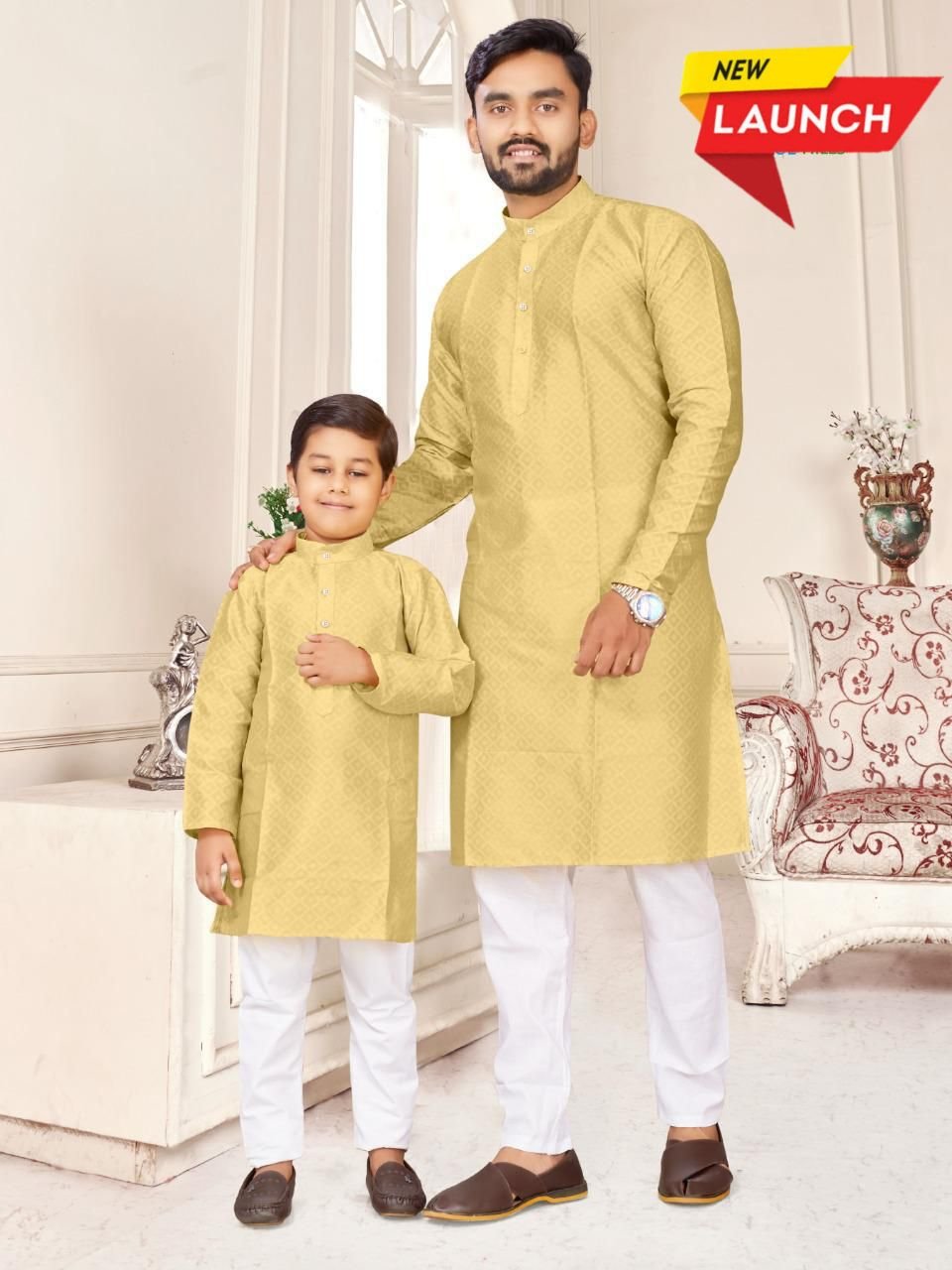 Newly Designed Boy Space Yellow Combo kids and mens Kurta High Quality Kurta Menswear Designs 2023 For Festival Wear India Surat