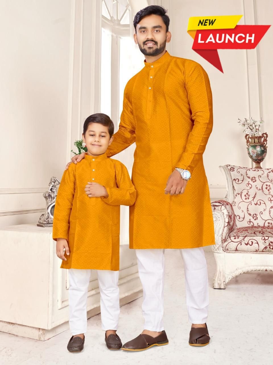 Newly Designed Boy Space Yellow Combo kids and mens Kurta High Quality Kurta Menswear Designs 2023 For Festival Wear India Surat