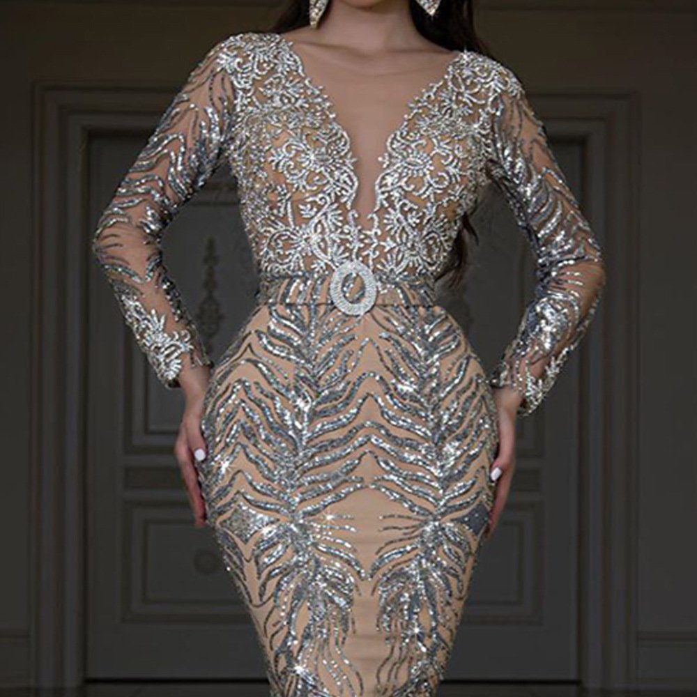 Mermaid V NeckSequins Evening Dress for Women Elegant Formal Party Maxi Long Prom Dress Evening Gown