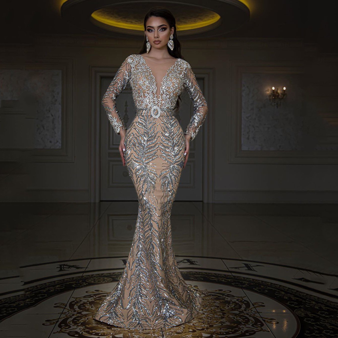 Mermaid V NeckSequins Evening Dress for Women Elegant Formal Party Maxi Long Prom Dress Evening Gown