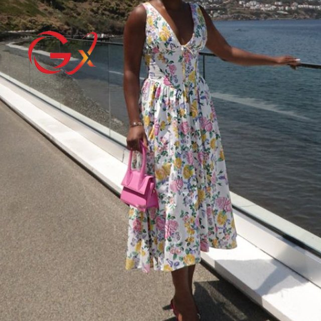 GX43301 Fashion 2024 Summer Clothing Mature Women Sexy Deep V-neck Long Dresses Sleeveless Elegant A-line Casual Dress