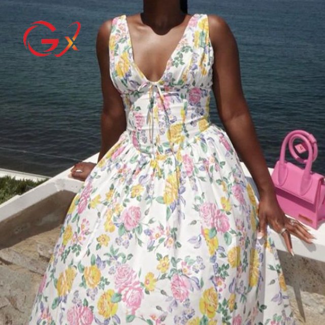 GX43301 Fashion 2024 Summer Clothing Mature Women Sexy Deep V-neck Long Dresses Sleeveless Elegant A-line Casual Dress