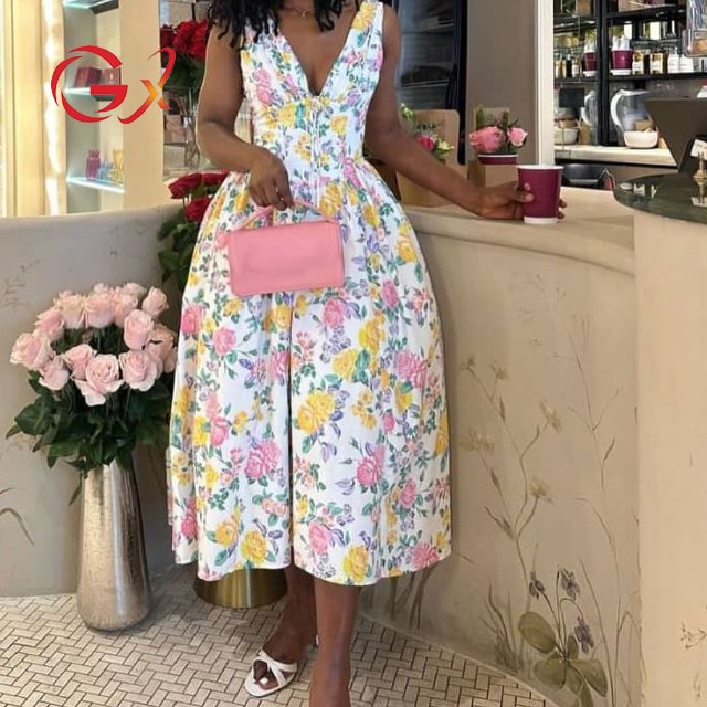 GX43301 Fashion 2024 Summer Clothing Mature Women Sexy Deep V-neck Long Dresses Sleeveless Elegant A-line Casual Dress