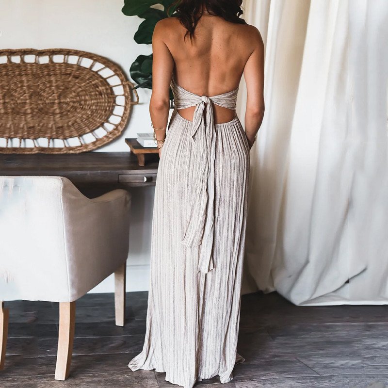 Elegant Casual Long Dresses U Neck Cut Out Back Sexy Long Women Casual Dress Suspender Luxury Chic Evening Dresses