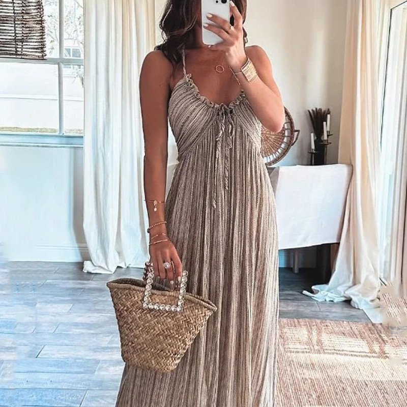 Elegant Casual Long Dresses U Neck Cut Out Back Sexy Long Women Casual Dress Suspender Luxury Chic Evening Dresses