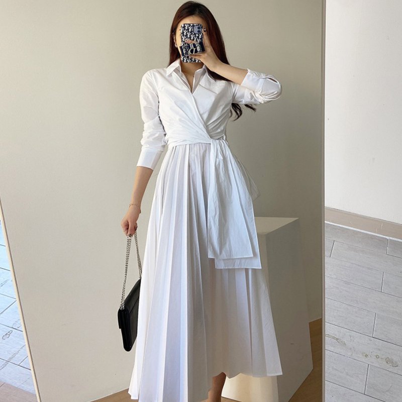 Wholesale 2024 Early Autumn New Korean Chic French Temperament Lapel Cross Strap Waist Slim Long-sleeved Pleated Women Dress