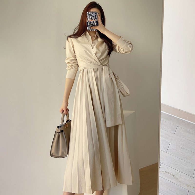 Wholesale 2024 Early Autumn New Korean Chic French Temperament Lapel Cross Strap Waist Slim Long-sleeved Pleated Women Dress