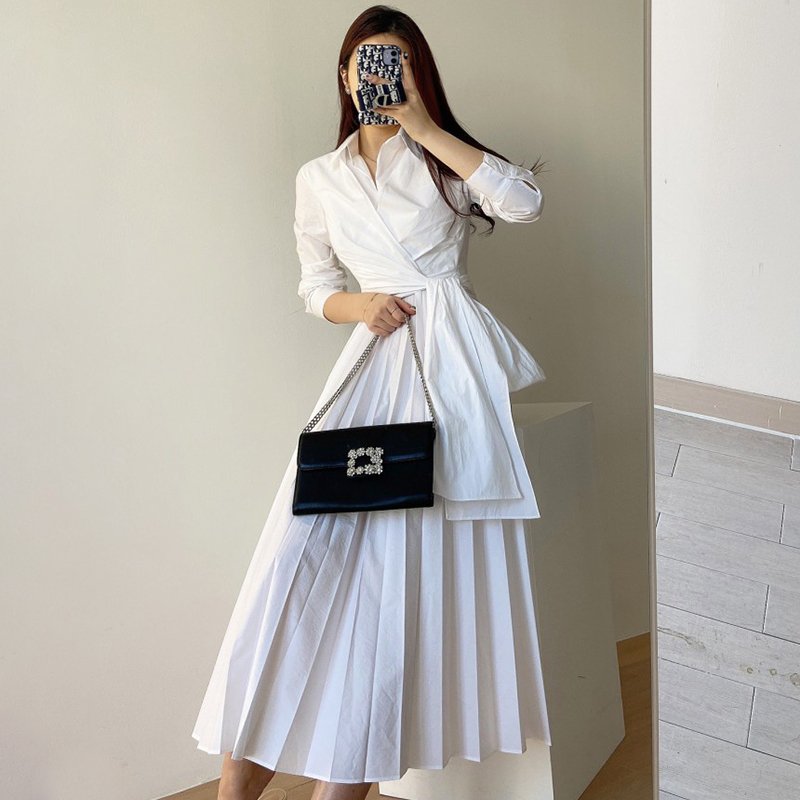 Wholesale 2024 Early Autumn New Korean Chic French Temperament Lapel Cross Strap Waist Slim Long-sleeved Pleated Women Dress