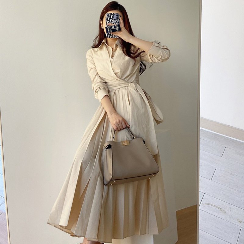 Wholesale 2024 Early Autumn New Korean Chic French Temperament Lapel Cross Strap Waist Slim Long-sleeved Pleated Women Dress
