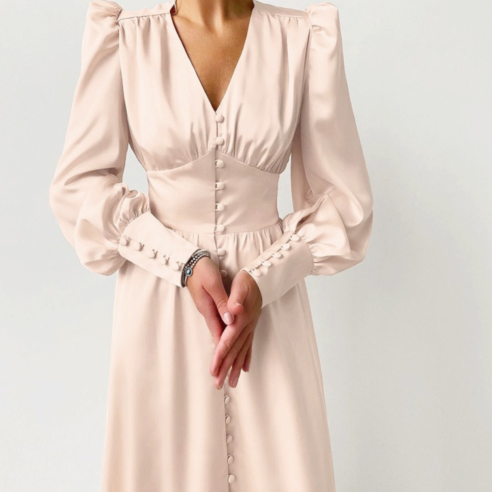WanBao XS-XL Autumn and Winter Women's Dress European and American Long Dress V-Neck Satin Waist Wrapped Retro Dress