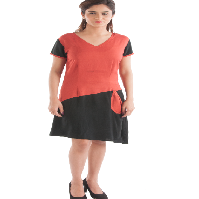 Stylish Fashionable Elegant Knee Length Dress with Half Sleeves and Asymmetric Bottom in Two Tone Color for Girls and women