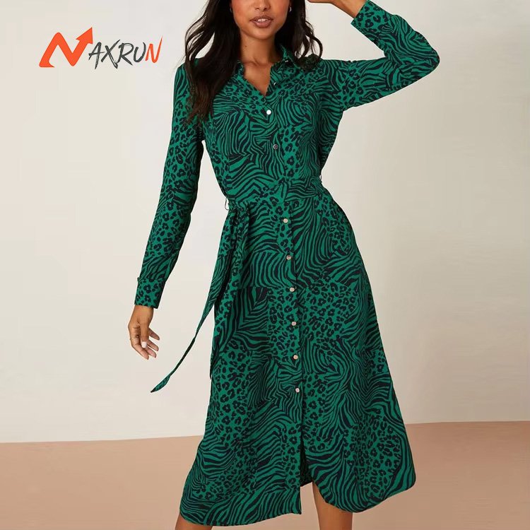 Belted long sleeve ladies midi dress for women clothing manufacturers elegant custom logo animal print lapel shirt dresses