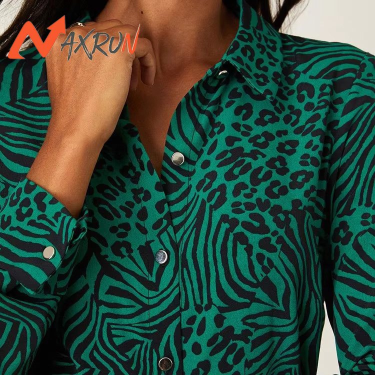 Belted long sleeve ladies midi dress for women clothing manufacturers elegant custom logo animal print lapel shirt dresses