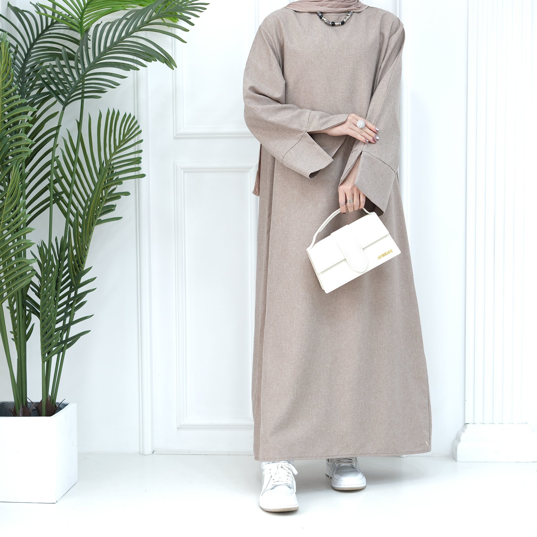 Solid Color Premium Linen Abaya Slit Long Sleeves with Side Pockets Casual Dresses Abaya Women Muslim Dress