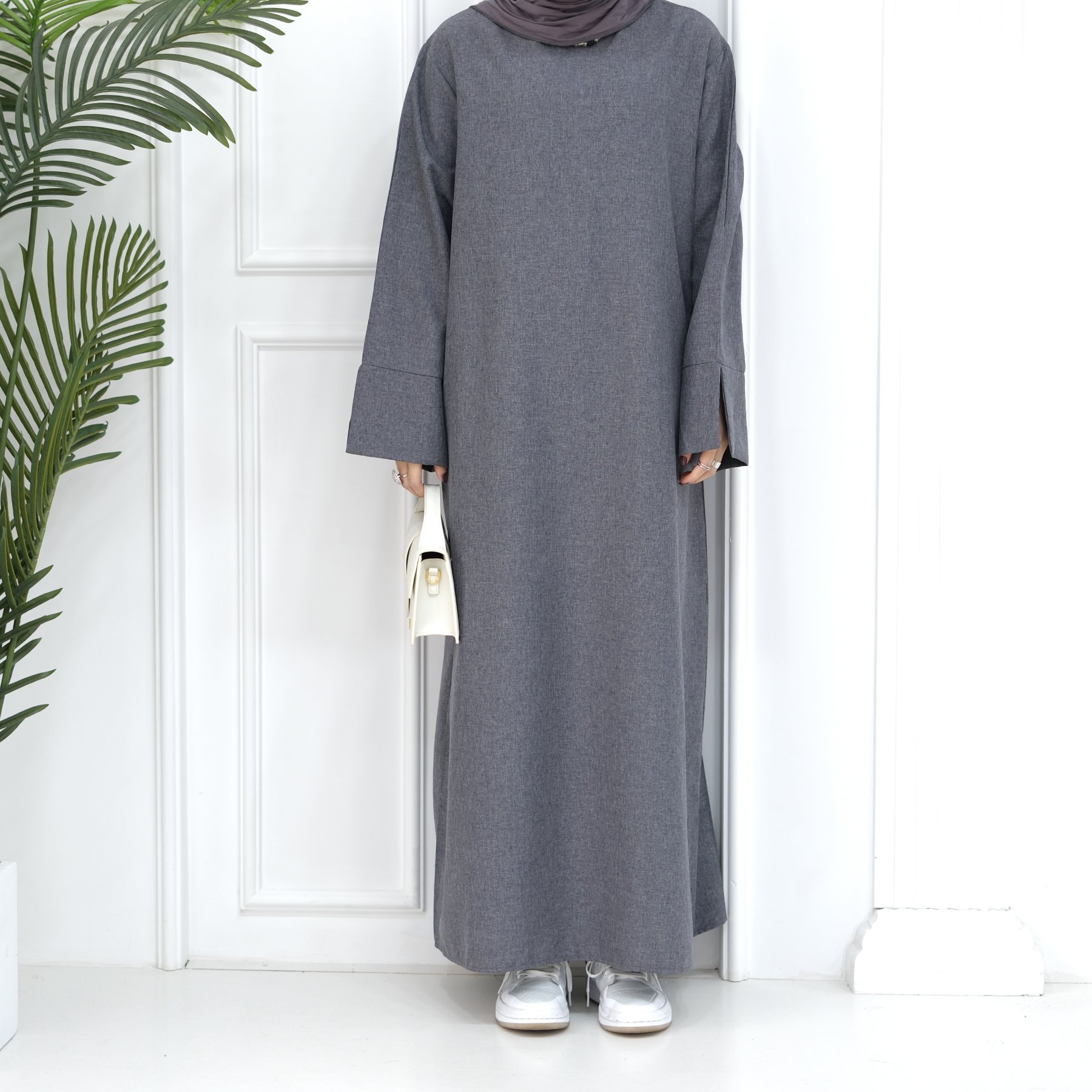 Solid Color Premium Linen Abaya Slit Long Sleeves with Side Pockets Casual Dresses Abaya Women Muslim Dress