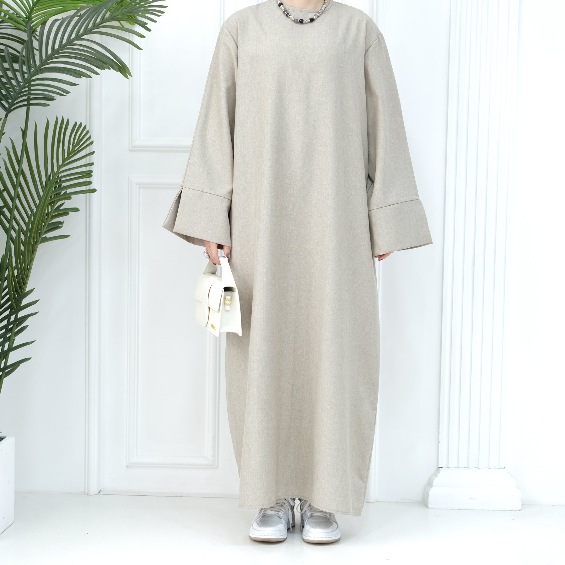 Solid Color Premium Linen Abaya Slit Long Sleeves with Side Pockets Casual Dresses Abaya Women Muslim Dress