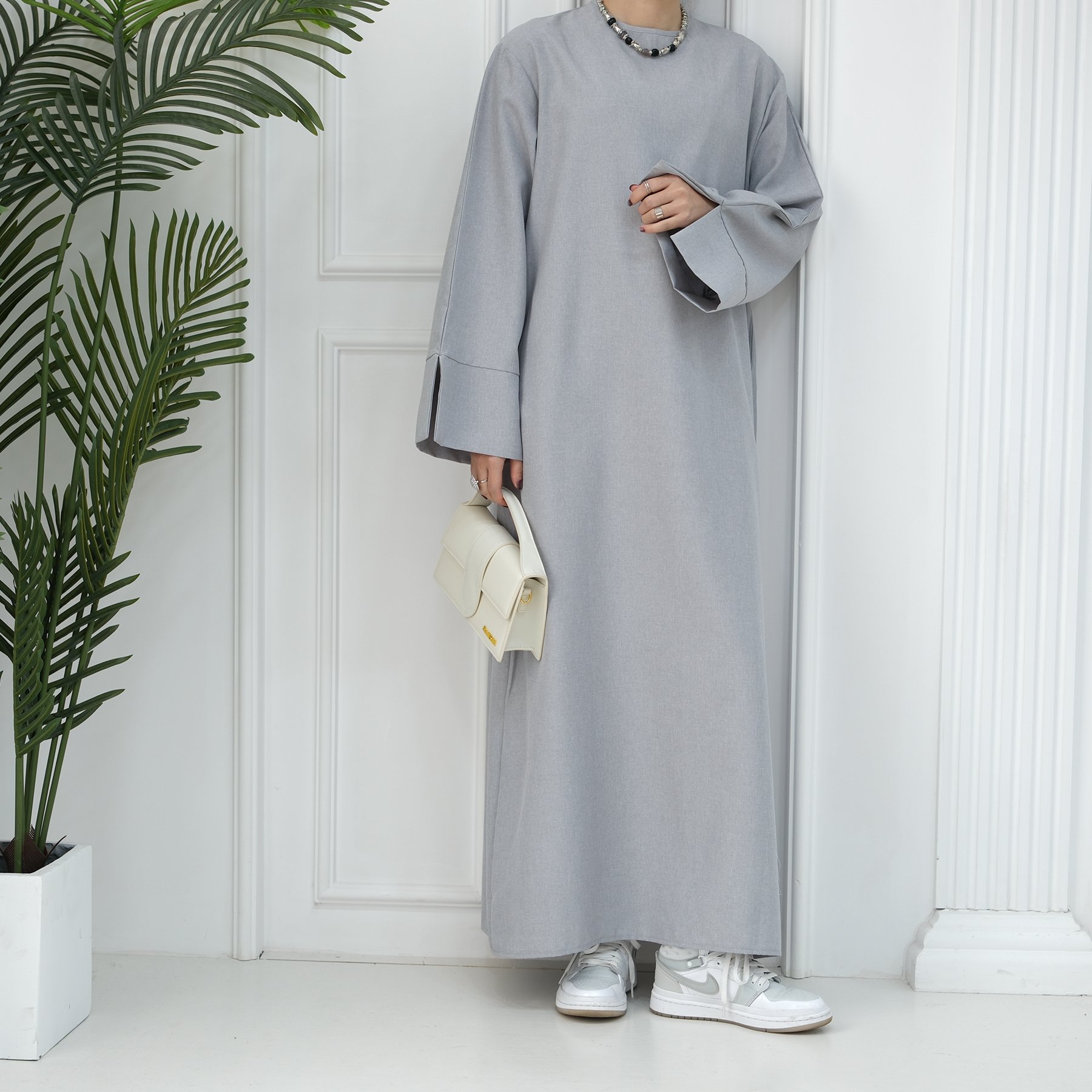 Solid Color Premium Linen Abaya Slit Long Sleeves with Side Pockets Casual Dresses Abaya Women Muslim Dress