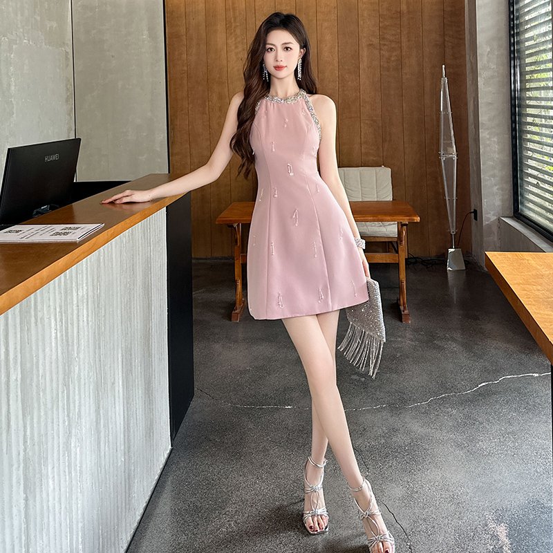 ZYHT 9517 2024 Luxury Rhinestone Woman O-neck Sleeveless Short Party Dress Beads Stretch Tight High Waist Vest Dress