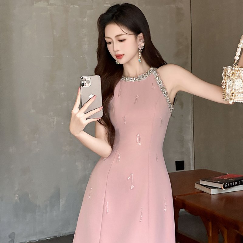 ZYHT 9517 2024 Luxury Rhinestone Woman O-neck Sleeveless Short Party Dress Beads Stretch Tight High Waist Vest Dress