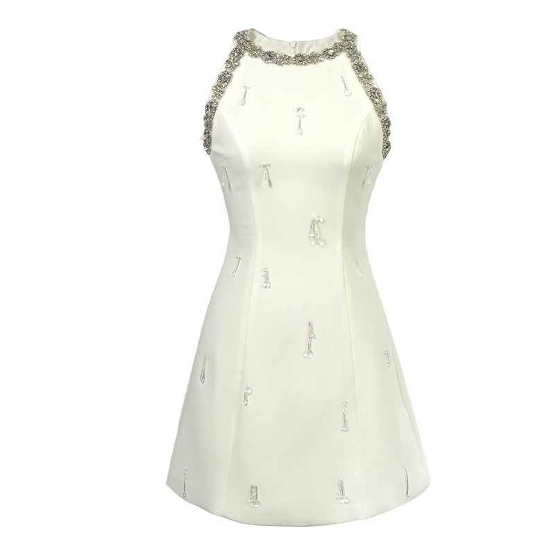 ZYHT 9517 2024 Luxury Rhinestone Woman O-neck Sleeveless Short Party Dress Beads Stretch Tight High Waist Vest Dress