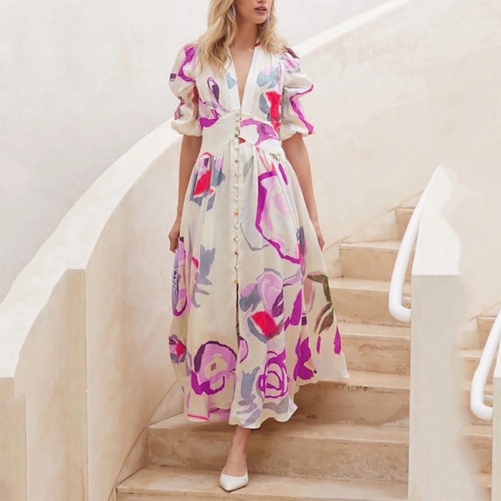 2023 New Fashion Women A-line Elegant Summer Casual Dresses Beach Wear Holiday High Waist Boho Slim Fit Dress