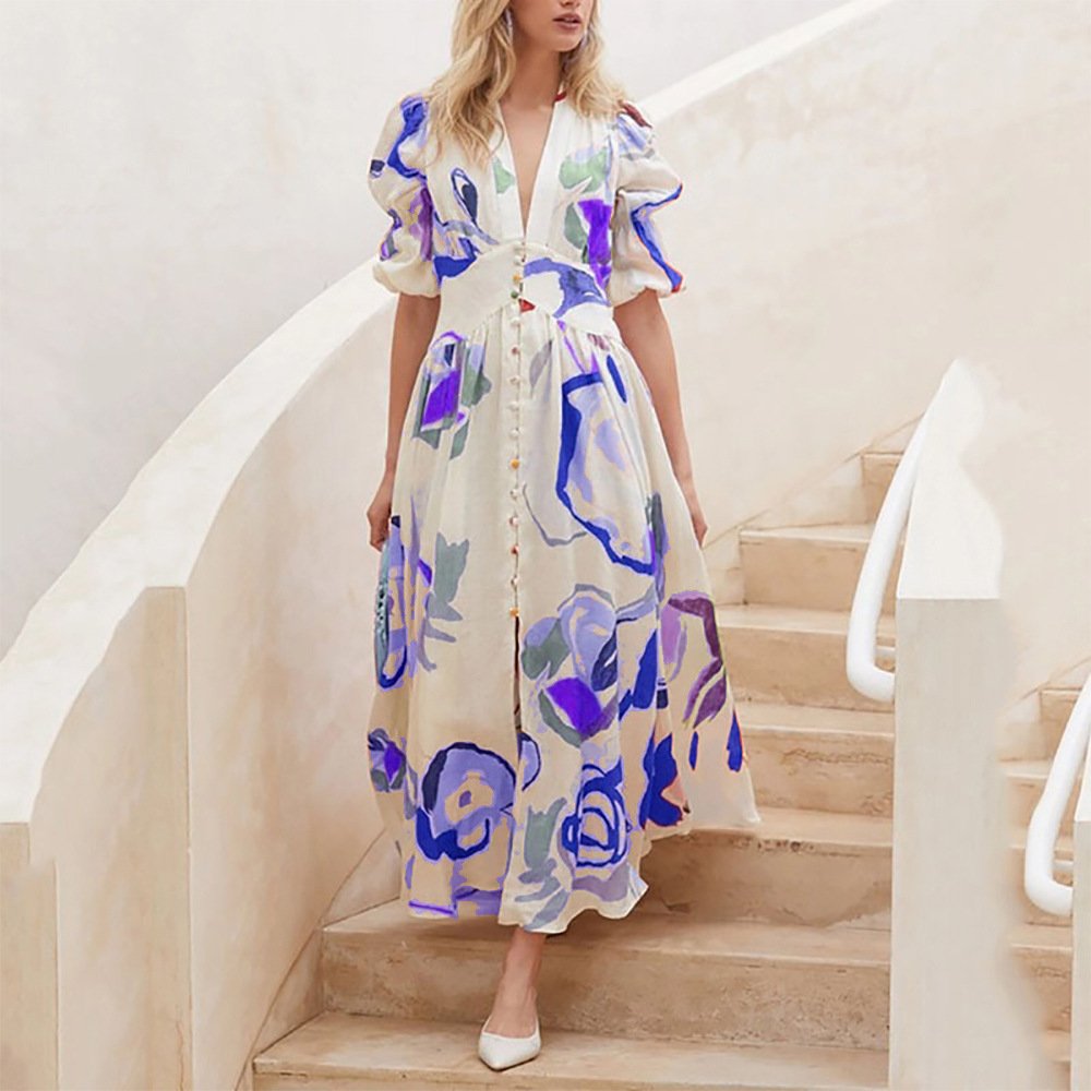 2023 New Fashion Women A-line Elegant Summer Casual Dresses Beach Wear Holiday High Waist Boho Slim Fit Dress