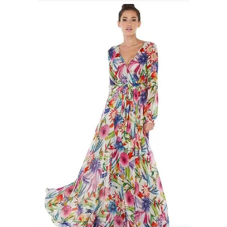 2024 Factory Wholesale Lantern sleeve printed V-neck Swing Skirt Casual Dresses Dresses Women Lady Elegant