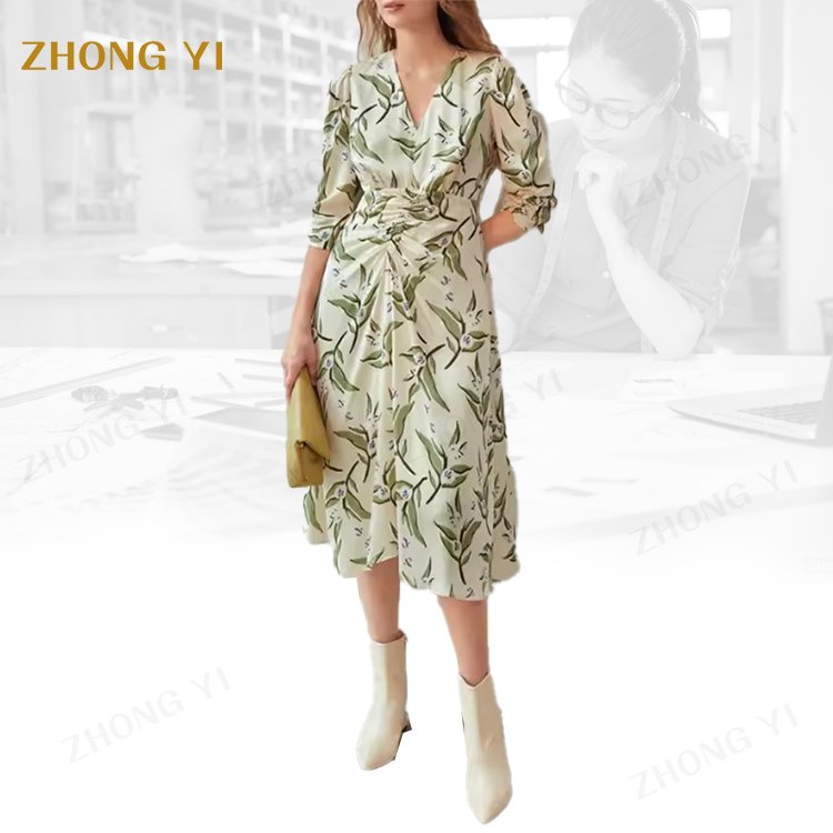 Clothing Design Service Custom Summer Fashion Women's Green Printed Chiffon Ruffle Ladies Long Elegant Occasion Casual Dress