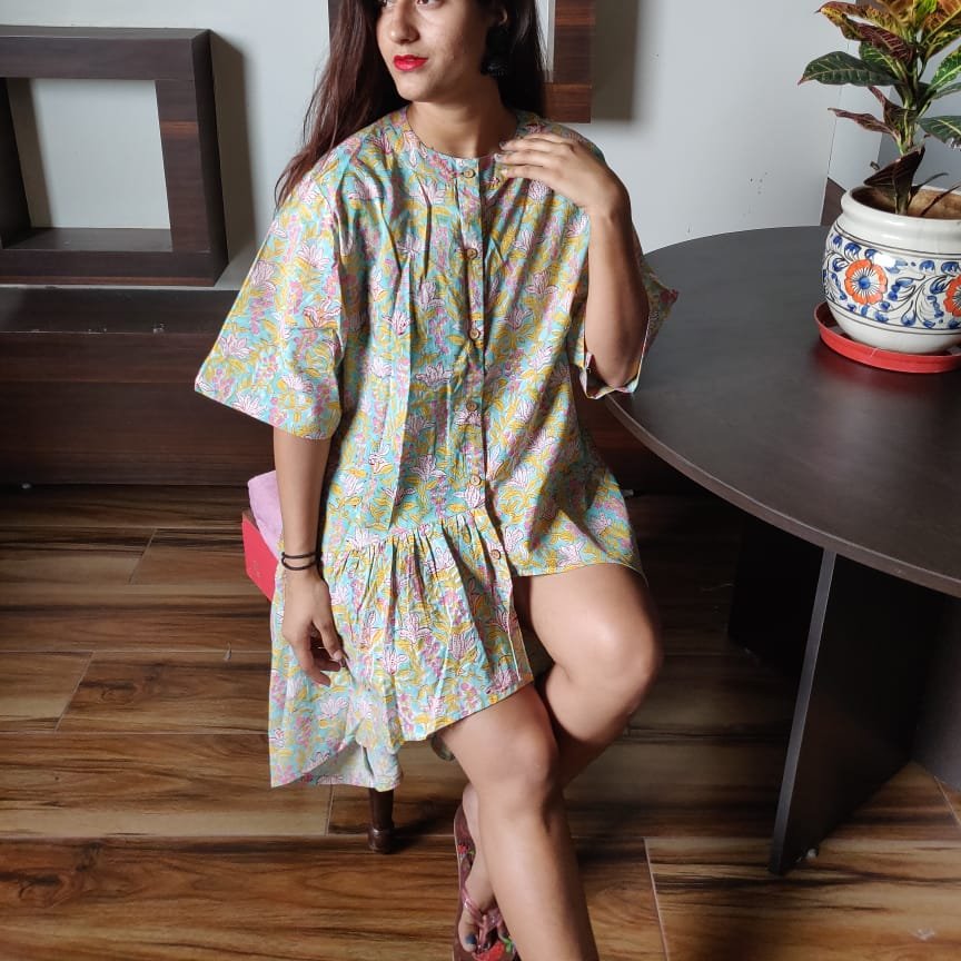 Stylish Multi-Color Button Look Caftan Pure Cotton Casual Summer Streetwear O-Neck Dress Half Sleeves Geometric Print One XS