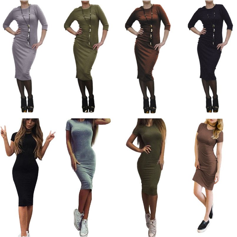 K1293 Hote Sale Women Spring And Summer Casual Dress European and American Lady Short Sleeve Long Sleeve Solid Dress