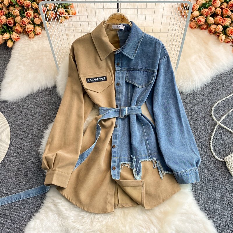 Fashion Splicing Lapel Dress ANSZKTN Korean Style Asymmetric Women Long Jeans Denim Top Shirt Ladies' Blouses