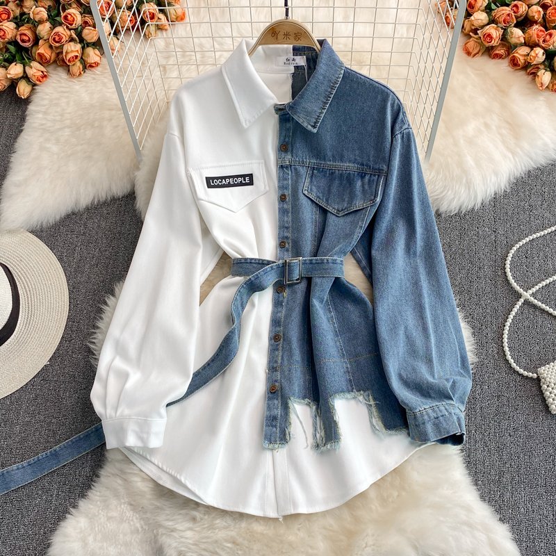 Fashion Splicing Lapel Dress ANSZKTN Korean Style Asymmetric Women Long Jeans Denim Top Shirt Ladies' Blouses