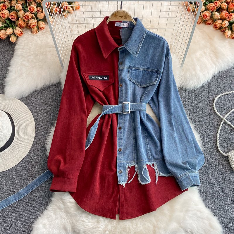 Fashion Splicing Lapel Dress ANSZKTN Korean Style Asymmetric Women Long Jeans Denim Top Shirt Ladies' Blouses