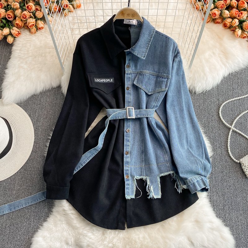 Fashion Splicing Lapel Dress ANSZKTN Korean Style Asymmetric Women Long Jeans Denim Top Shirt Ladies' Blouses