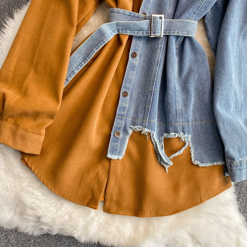 Fashion Splicing Lapel Dress ANSZKTN Korean Style Asymmetric Women Long Jeans Denim Top Shirt Ladies' Blouses